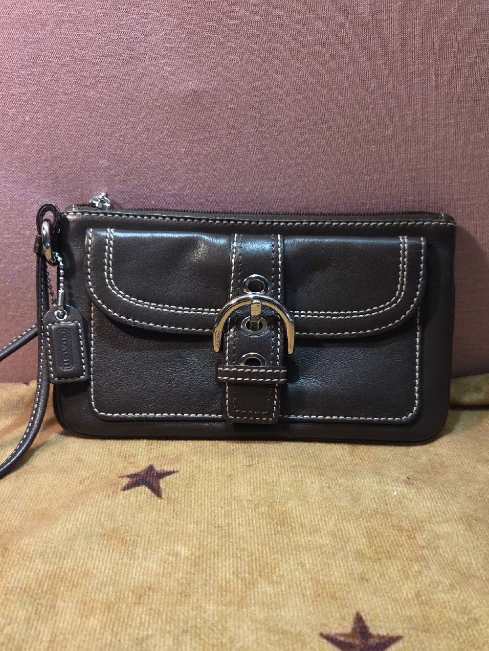 Coach Brown Leather Wristlet with Buckle Accent